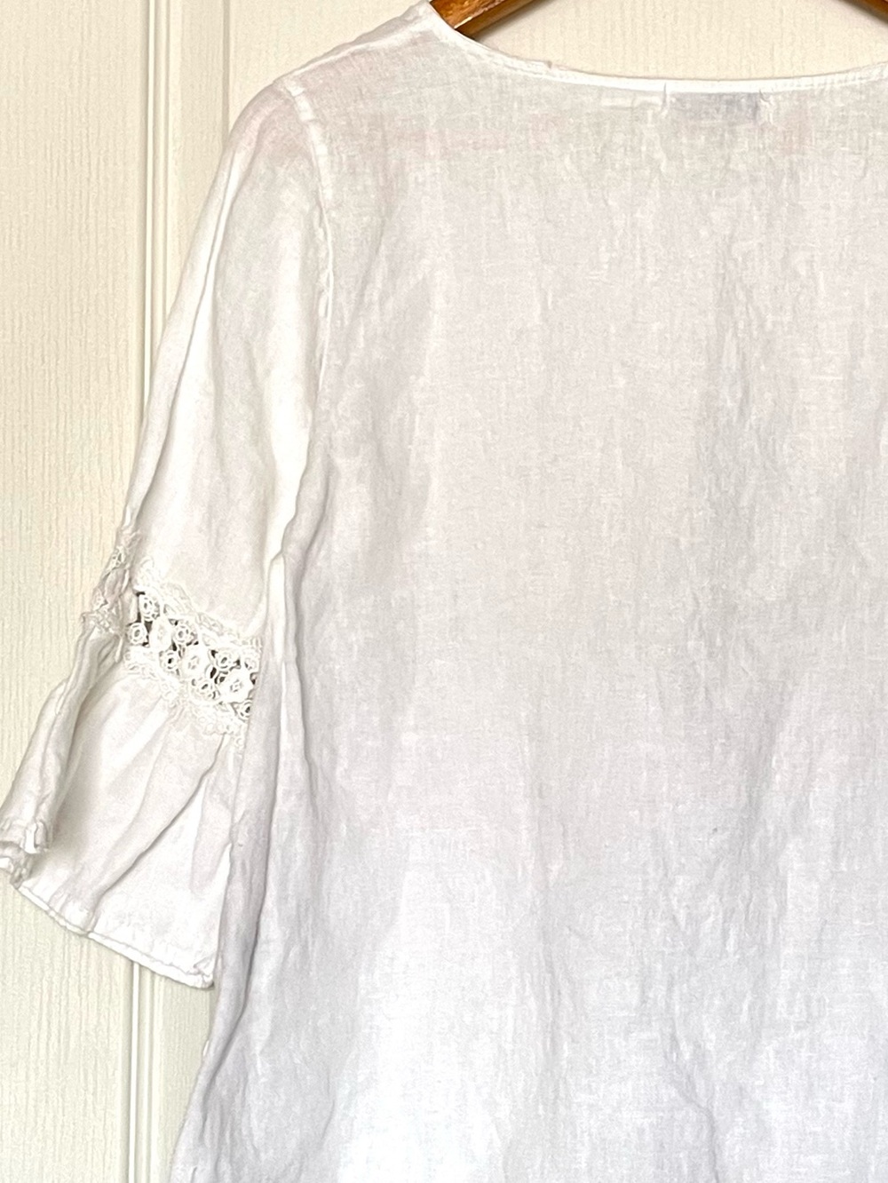 Terzo Millennio Italy White 100% Linen Lace Sleeve Boho Lagenlook Blouse Size M - Picture 13 of 14